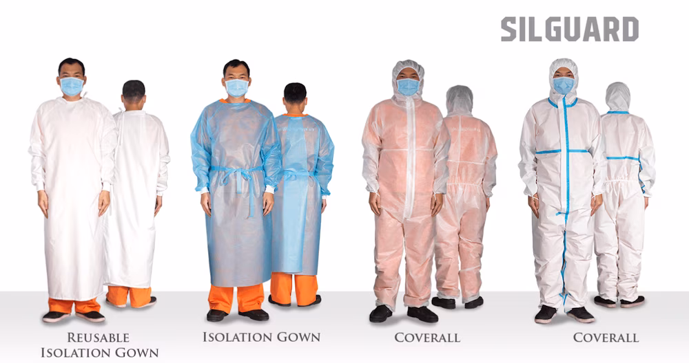 different Gown Models like isolation and coveral gown by Silguard brand