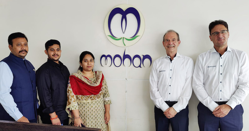 From left to right: father, son, and daughter - Mr. Sudhakar Chowdary, Managing Director, V. Suhruth Chowdary, V. Sri Keyura (Mohan Spintex, Wolfgang Ruckh, Technical Director and Thomas Wiget, Area Sales Manager (Brückner)