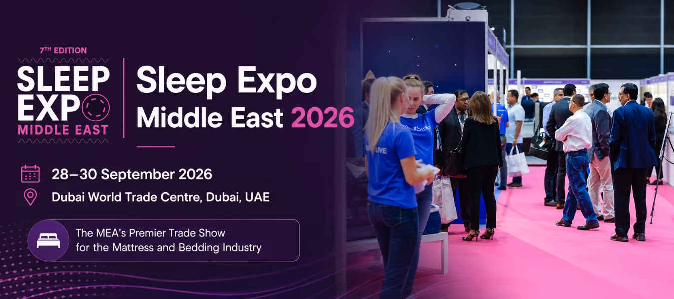 Sleep Expo Middle East 2026 feature image showing a professional mattress and bedding industry trade show at Dubai World Trade Centre with event branding, dates and venue details.