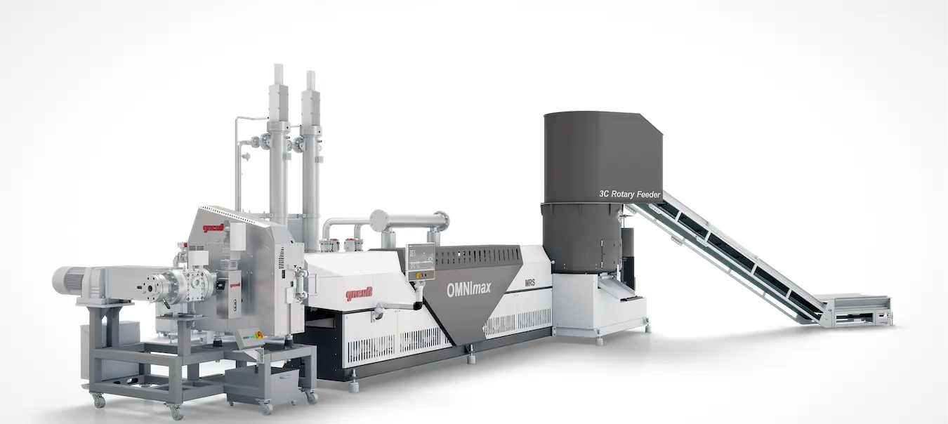 OMNImax Recycling System with integrated 3C Rotary Feeder, MRS Extruder, Vacuum System, RSFgenius Filtration System and Online Viscometer VIS