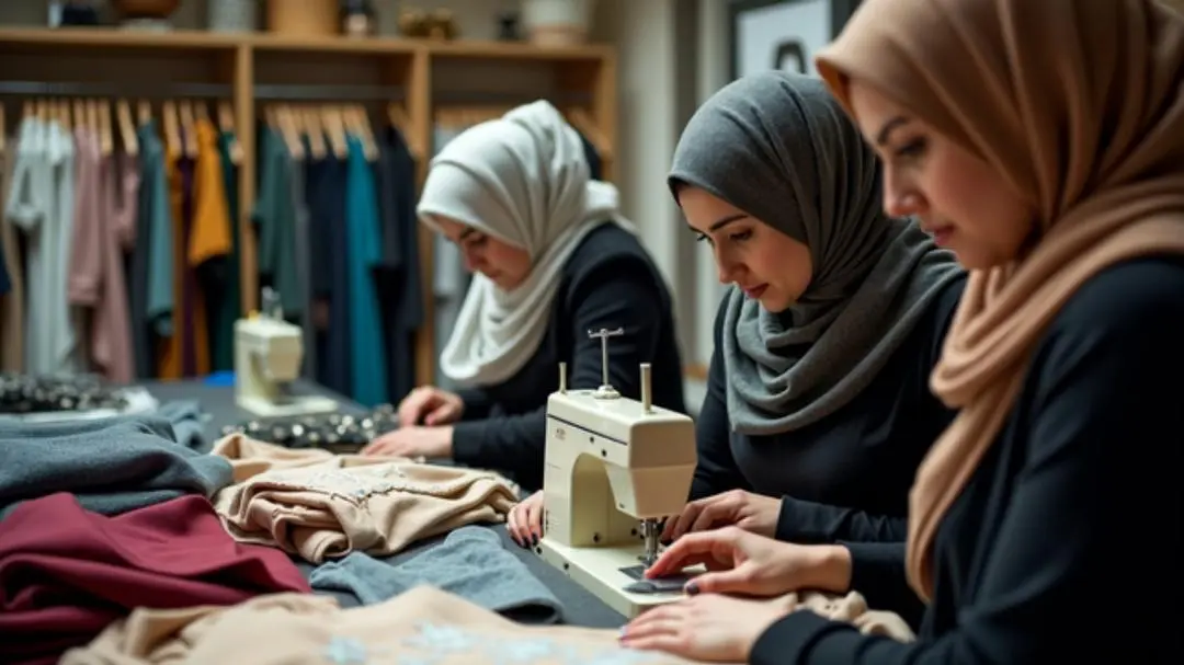 Three women sewing modest clothing in a garment workshop with hijabs and fabrics around