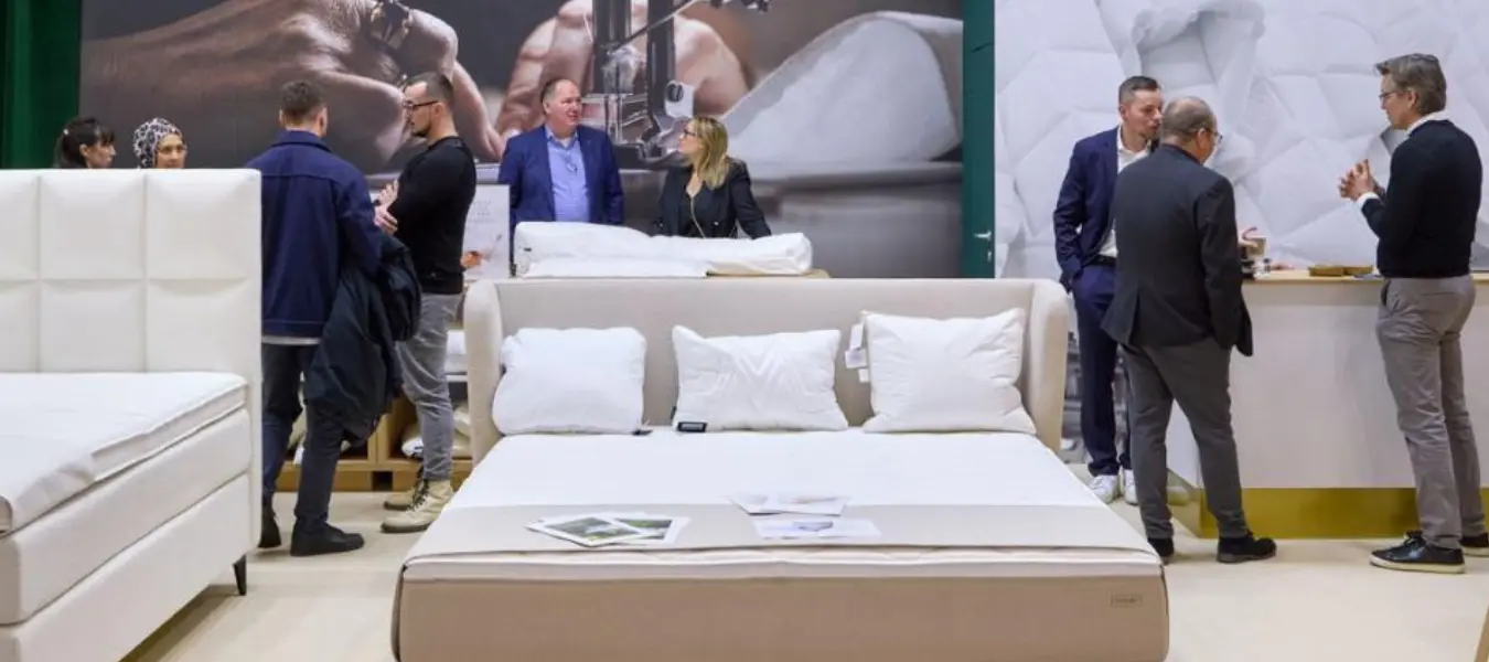 Exhibition space at Heimtextil showcasing smart bedding innovations and leading mattress brands