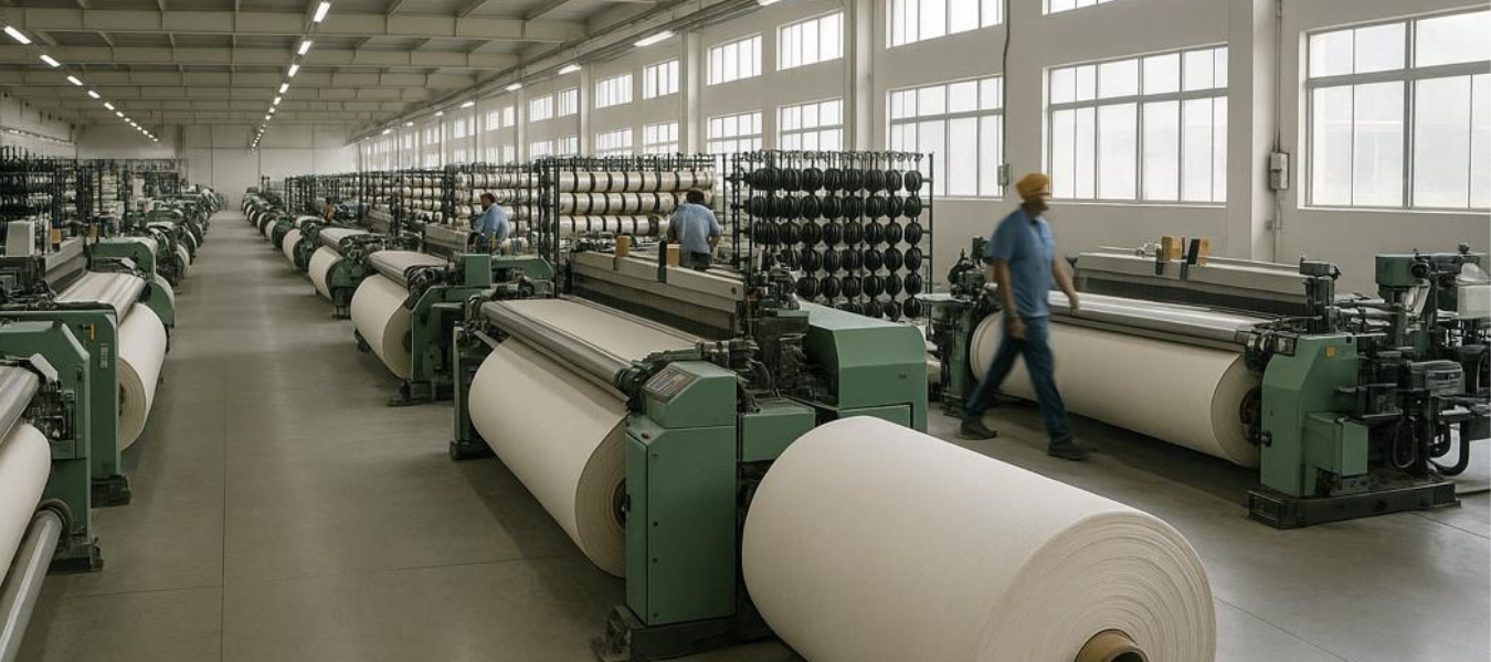 Modern Indian textile factory with advanced machines and organized production lines.
