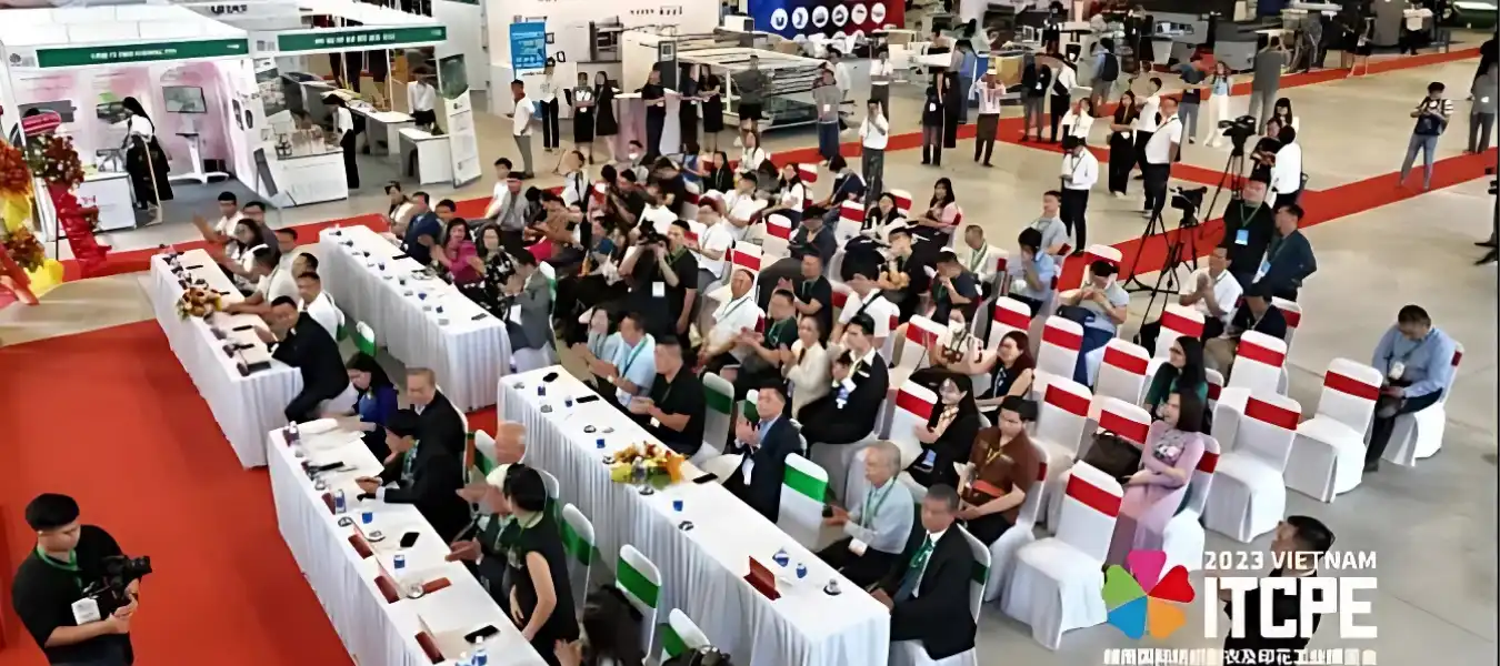 Vietnam ITCPE 2025 textile expo banner showcasing modern textile and printing technologies at WTC Binh Duong