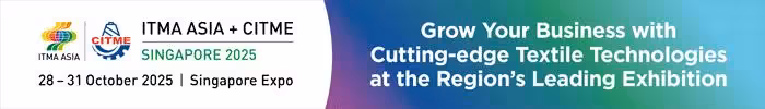 ITMA ASIA + CITME 2025 exhibition hall in Singapore Expo with international textile machinery companies showcasing innovations and sustainable technologies.