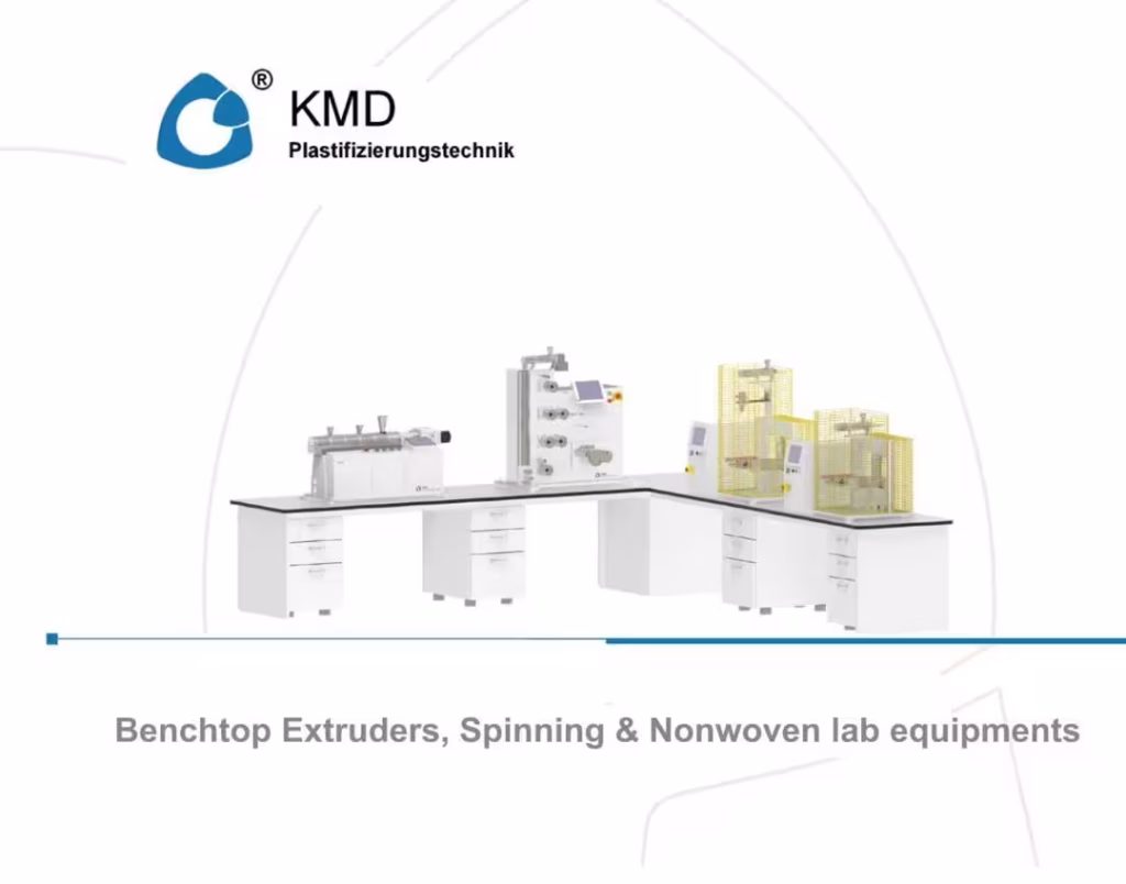 KMD benchtop extrusion and fiber spinning laboratory machine displayed at K Show Germany, demonstrating compact polymer processing technology.