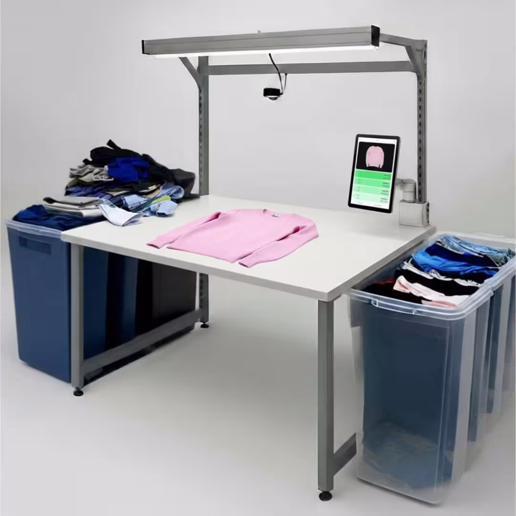 AI-powered textile sorting machine identifying and separating fabrics in a recycling facility