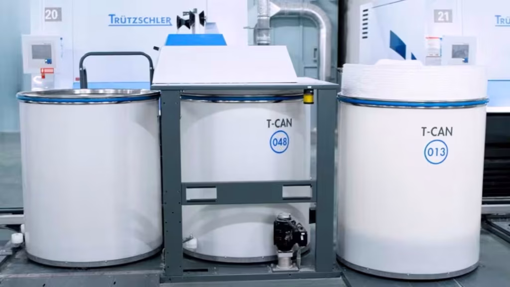T-CAN automated guided vehicles transporting sliver cans in a spinning mill