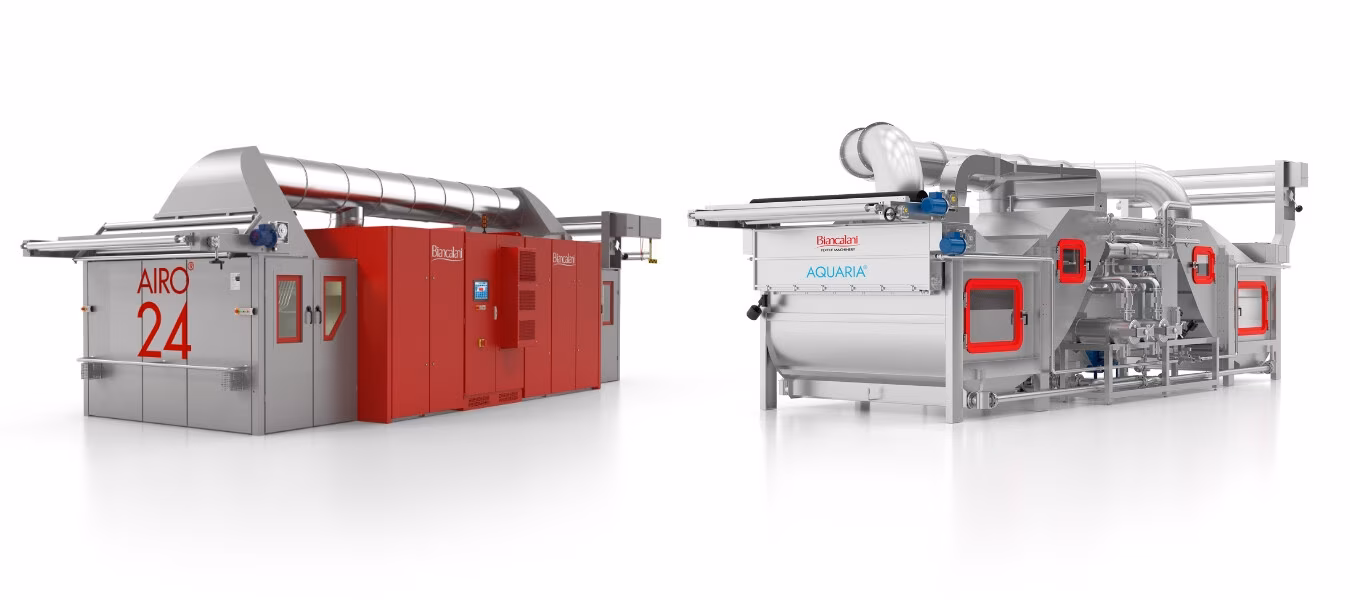 Biancalani AQUARIA and AIRO24 terry towel finishing machines operating in open-width continuous process