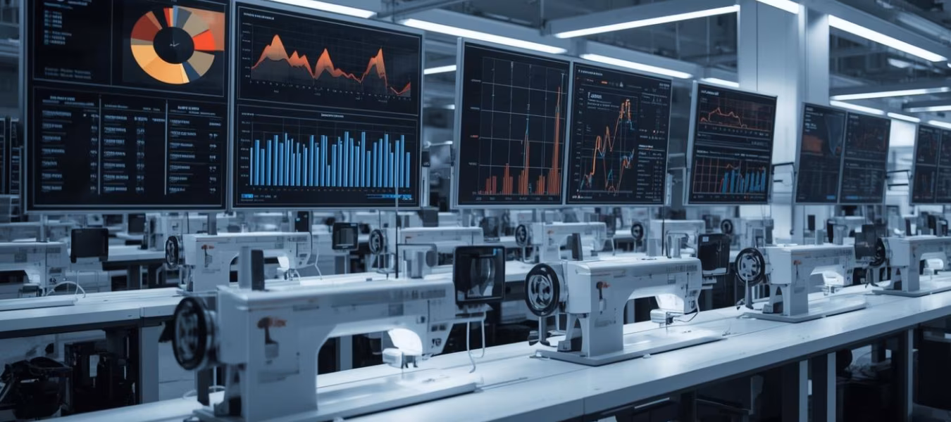 Digital garment manufacturing environment with engineers analyzing production data and AI-driven costing systems on large screens