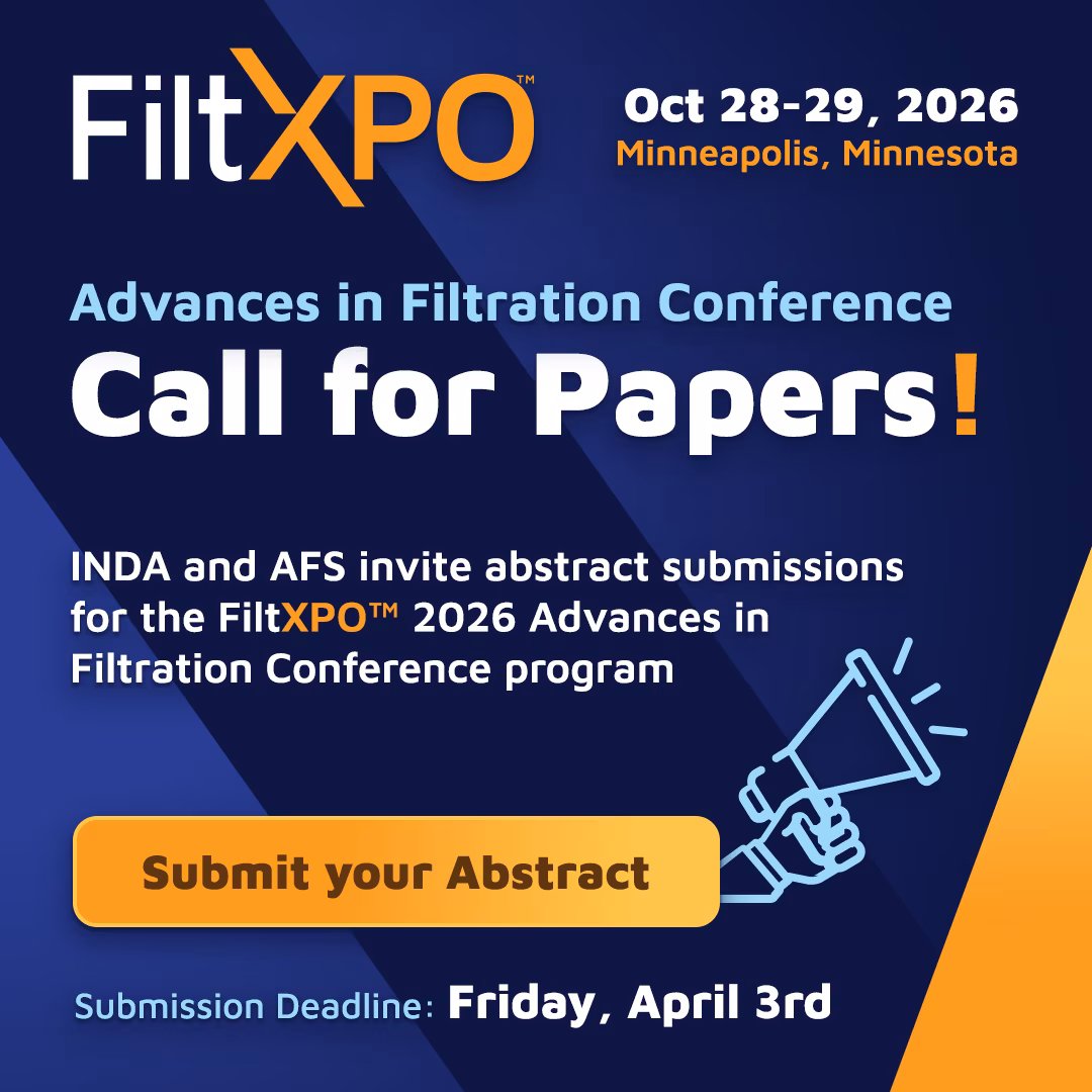 Advances in Filtration Conference 2026 call for abstracts by INDA and AFS