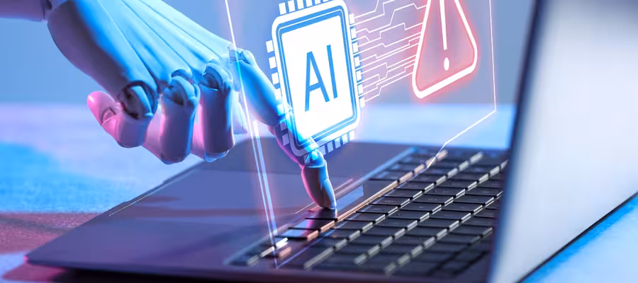 Artificial Intelligence. Robot Hand Using Laptop on Table in Neo