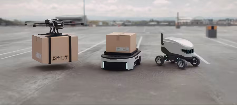 Autonomous delivery robots and drones transporting packages outdoors