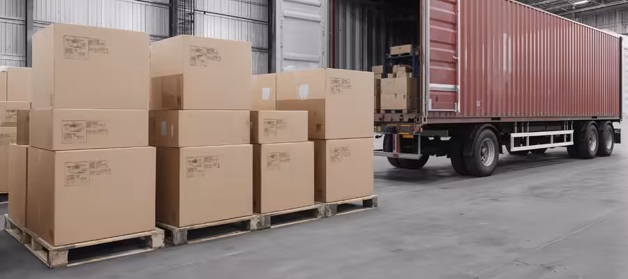 Boxes on Pallets Next to Truck in Warehouse