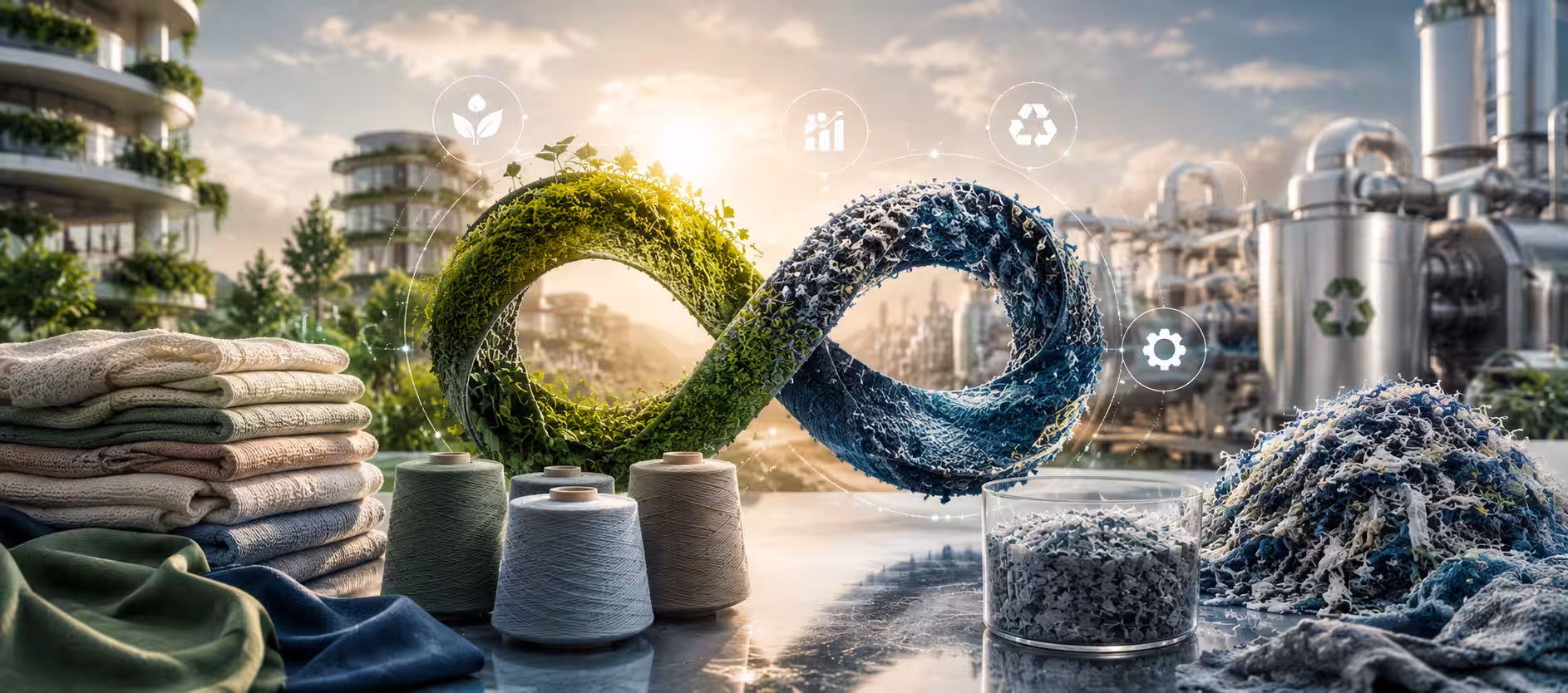 Futuristic circular textile recycling concept with recycled fabric fibers, sustainable yarn spools, eco-friendly textile production, and green industrial innovation in Europe.
