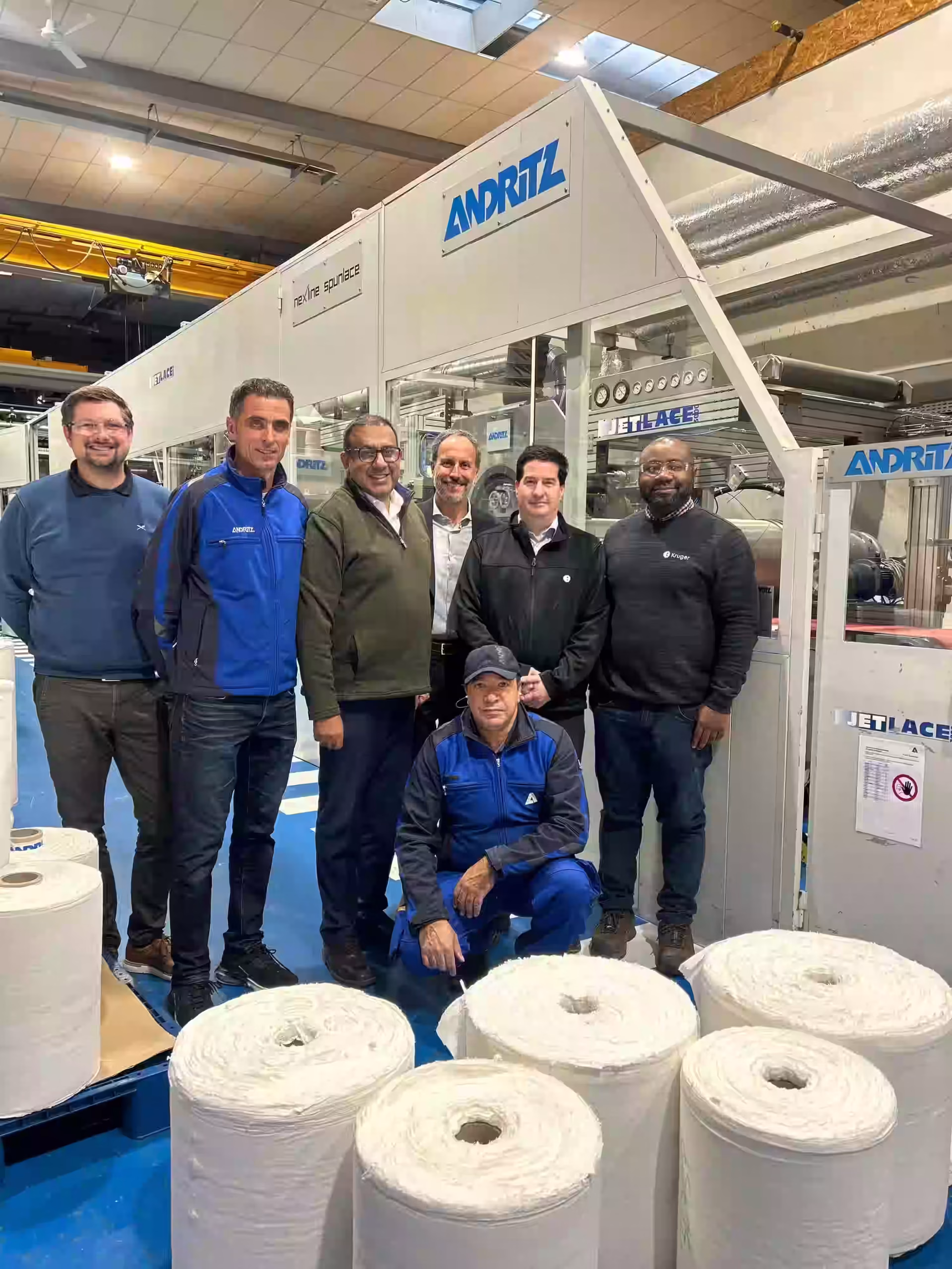 Kruger Nonwovens and ANDRITZ teams during trial runs on the WetlaceTM pilot line in France