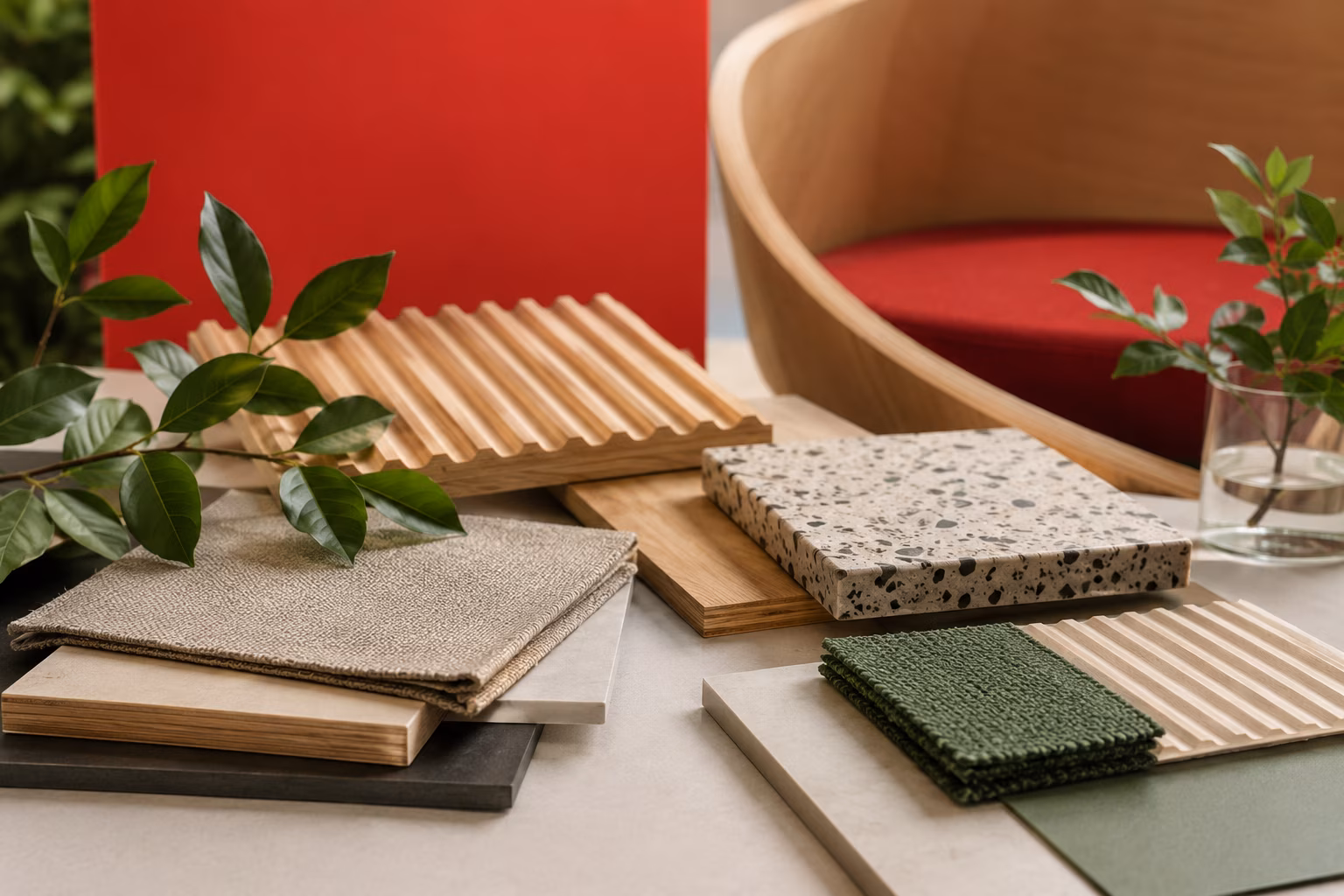 Eco-friendly interior design materials including wood panels, fabric samples, terrazzo surfaces, and sustainable furniture elements showcased in a modern design setting.