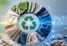 AI and Textile Recycling Futuristic textile recycling concept featuring circular fabric samples, recycled textile materials, AI-inspired digital interfaces, and sustainable fabric processing technology.