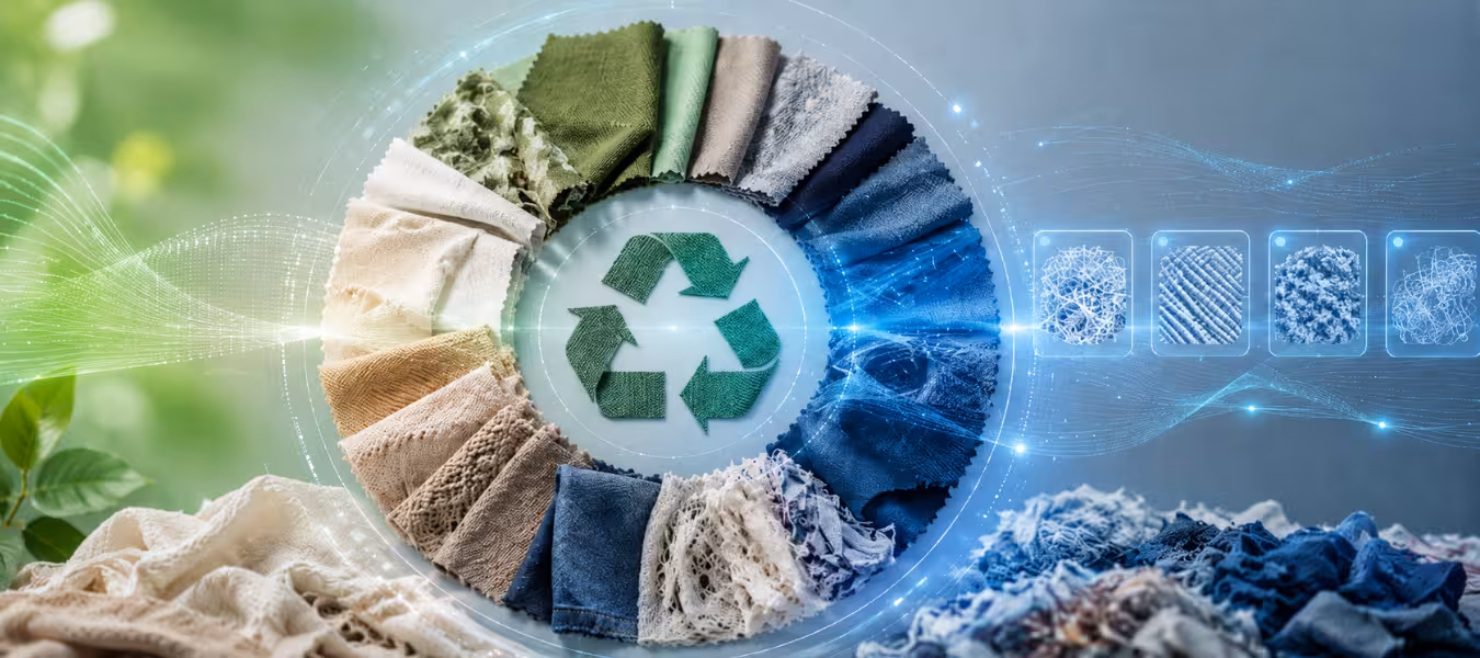 Futuristic textile recycling concept featuring circular fabric samples, recycled textile materials, AI-inspired digital interfaces, and sustainable fabric processing technology.