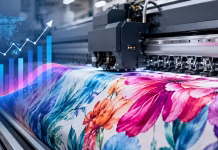 Digital Textile Printing Market Enters a High-Growth Era Advanced digital textile printing machine producing colorful fabric with growth analytics graphics representing the expanding digital textile printing market.