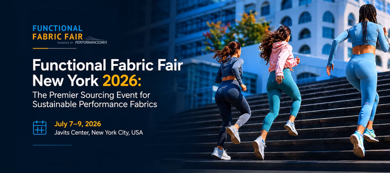 Athletes wearing performance apparel running outdoors, promoting Functional Fabric Fair New York 2026 at the Javits Center with a focus on sustainable performance fabrics and textile innovation.