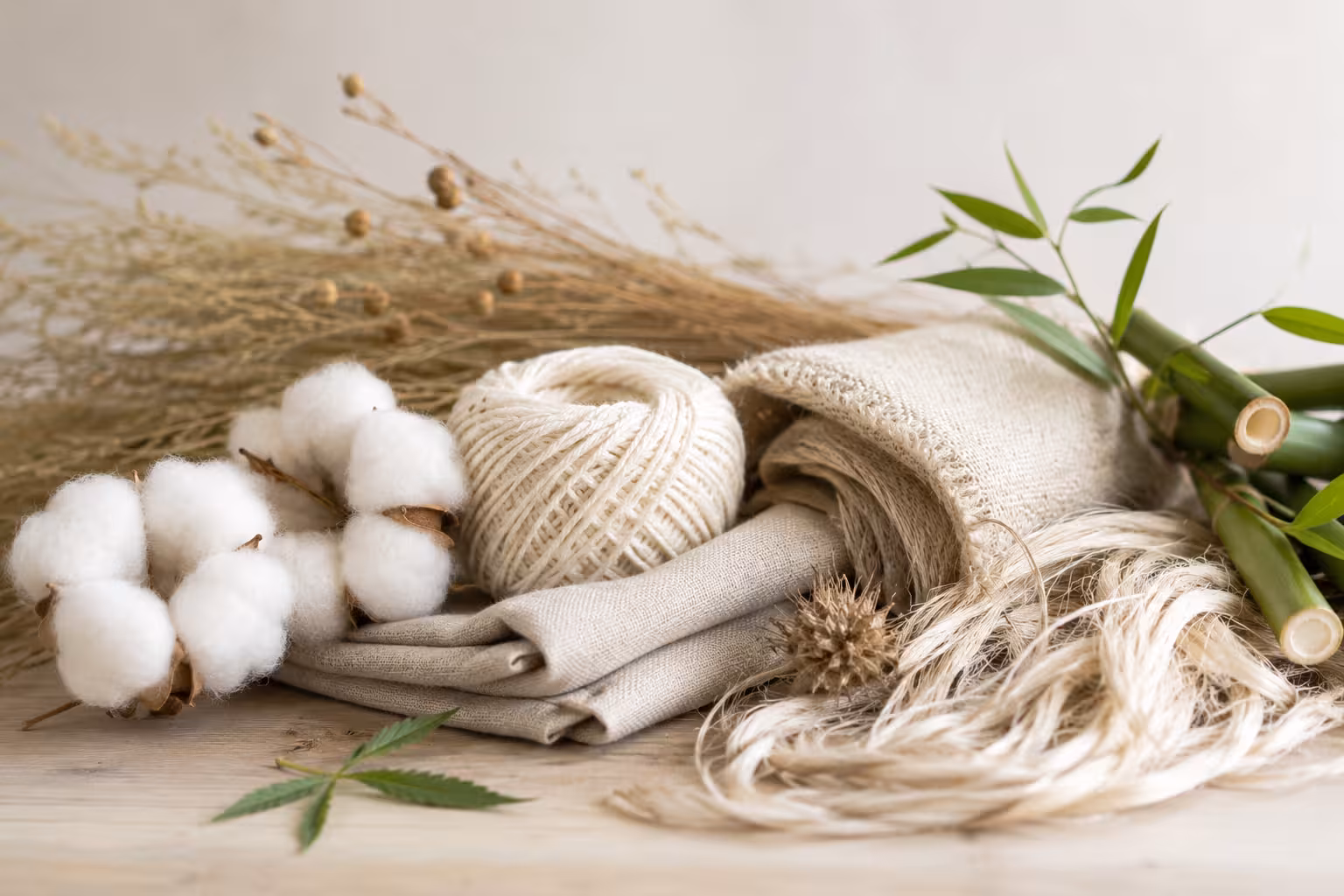 Natural textile fibres including cotton, linen, bamboo, and organic yarn displayed in a soft minimalist composition representing sustainable fibre growth in the textile industry.
