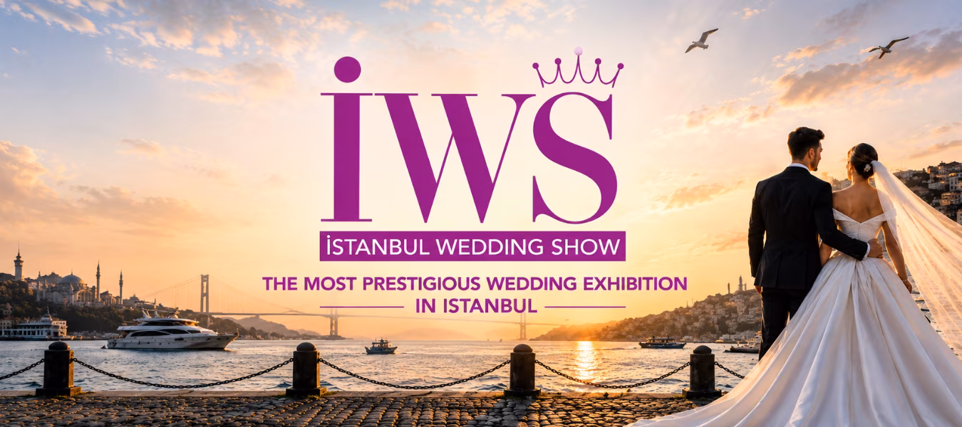Luxury Istanbul Wedding Show banner featuring a bride and groom at sunset overlooking the Bosphorus in Istanbul.