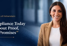 Jaime Griggs of Hohenstein: “Compliance Today Is About Proof, Not Promises” Professional textile industry banner featuring Jaime Griggs of Hohenstein with refined blue background and quote about proof-based compliance in the apparel industry.