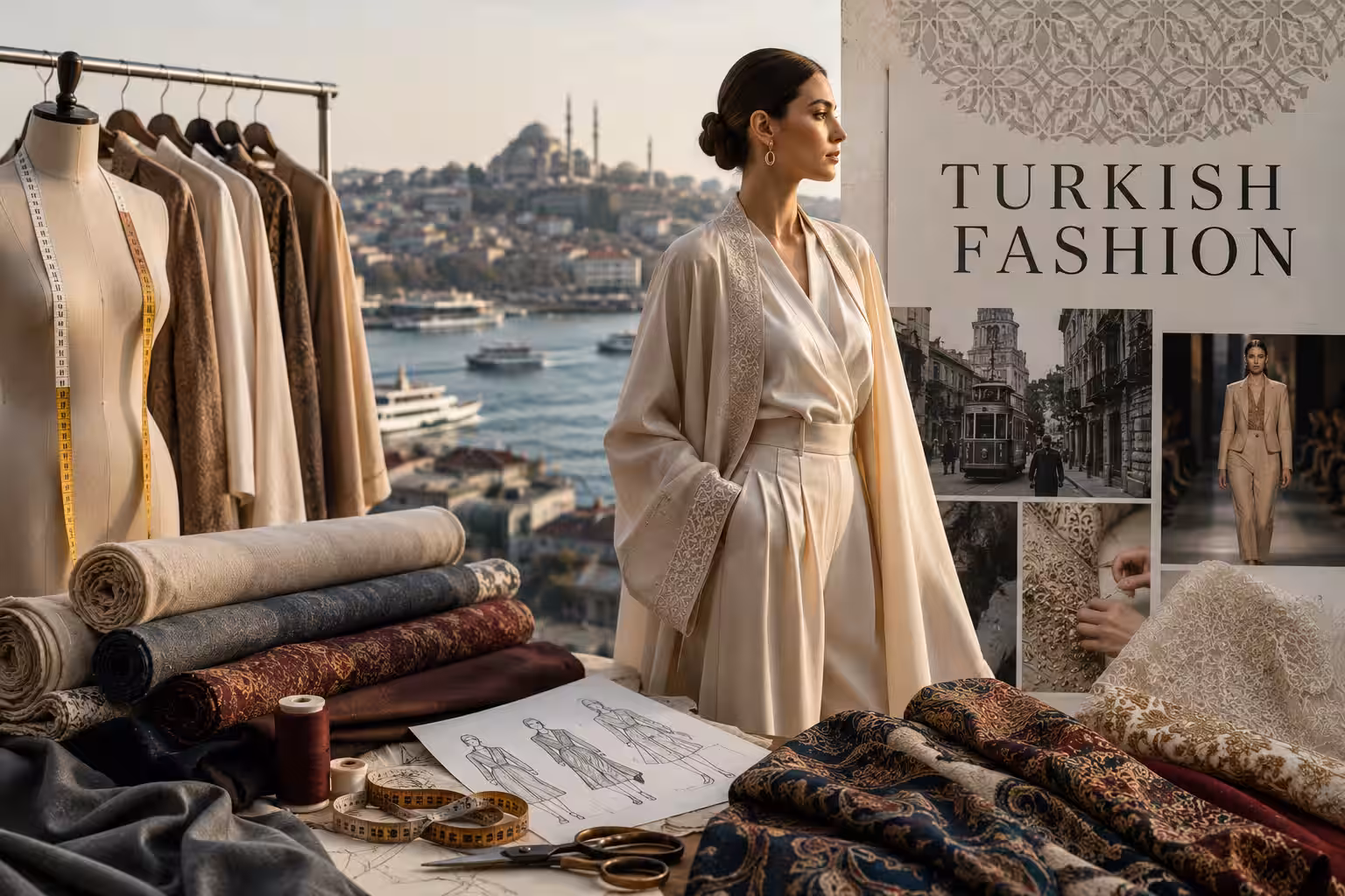 Fashion editorial scene featuring Turkish-inspired garments, luxury textiles, tailoring tools, and Istanbul cityscape representing modern Turkish fashion and textile culture.
