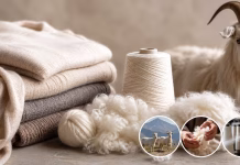 Why Is Cashmere So Expensive? Luxury cashmere sweaters, soft yarn, and raw cashmere fibers displayed beside a cashmere goat, illustrating the premium quality and rarity of cashmere production.