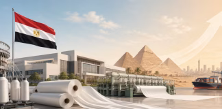 GID Textile Egypt Targets $500 Million in Exports with Major Expansion Plans Modern Egyptian textile manufacturing scene with Egypt flag, fabric rolls, textile machinery, pyramids, shipping port, and export growth symbol representing GID Textile Egypt’s expansion plans and $500 million export target.