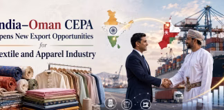 India–Oman CEPA Opens New Export Opportunities for Textile and Apparel Industry India–Oman CEPA feature image showing textile and apparel exports, duty-free trade opportunities, port logistics, and business partnership between India and Oman.