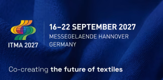 ITMA Hannover 2027 official-style banner with event dates, venue details and textile-themed blue fabric background
