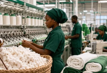 Nigerian Government Launches Textile Revival Plan to Create 1.5 Million Jobs Nigerian textile factory workers processing local cotton and producing fabrics as part of the country’s cotton, textile and garment industry revival plan.