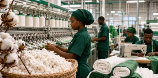 Nigerian textile factory workers processing local cotton and producing fabrics as part of the country’s cotton, textile and garment industry revival plan.