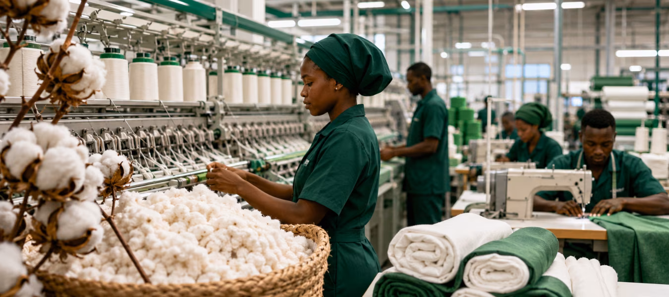 Nigerian textile factory workers processing local cotton and producing fabrics as part of the country’s cotton, textile and garment industry revival plan.