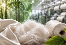 Sustainable Rayon Fiber Market Poised for Growth as Leading Manufacturers Expand Eco-Friendly Production Concept image of sustainable rayon fibers, cellulose-based textiles, green leaves, and eco-friendly textile production machinery