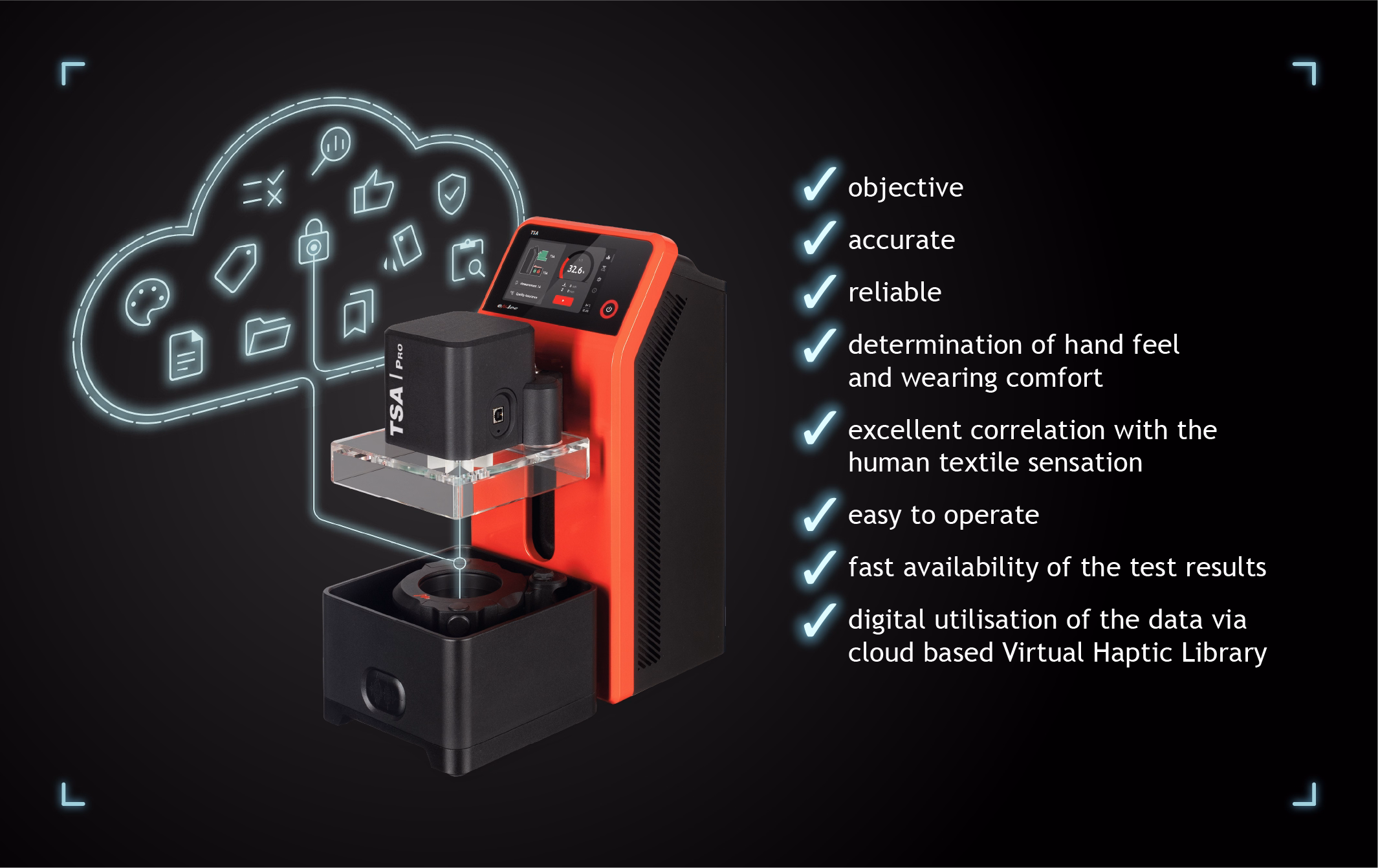 emtec TSA Tactile Sensation Analyzer demonstrating objective textile hand feel measurement at FEBRATEX 2026