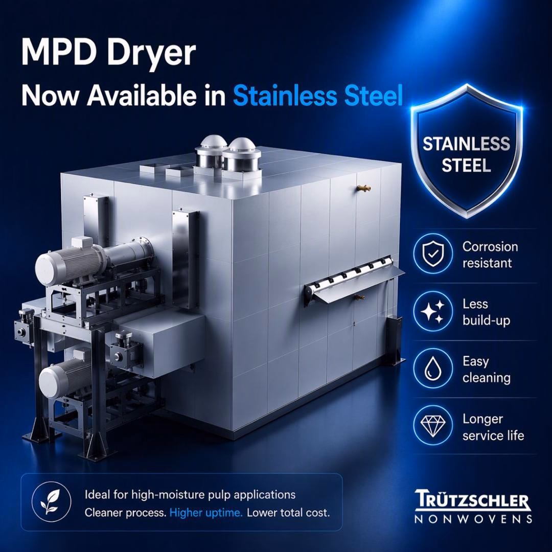 Trützschler stainless steel MPD dryer used in a modern nonwoven production line for hydroentanglement applications.