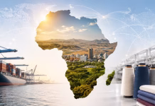 Afreximbank: Africa’s Economy Grows 4.5% in 2025 Despite Global Trade Challenges Conceptual news image showing Africa’s economic growth through global trade connections, a cargo port, textile manufacturing, yarns, and industrial development.