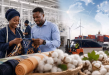 African Textiles Positioned as Strategic Alternative to Asian Sourcing in Europe African textile workers inspecting locally produced fabric beside cotton, manufacturing facilities and export logistics, illustrating Africa’s growing role as a strategic alternative to Asian textile sourcing for Europe.