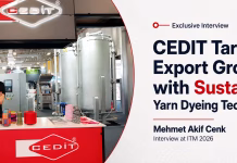 CEDIT Targets Export Growth with Sustainable Yarn Dyeing Technologies Interview-style news header featuring Mehmet Akif Cenk at the CEDIT booth during ITM 2026, highlighting CEDIT’s export growth strategy and sustainable yarn dyeing technologies.