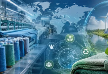 ESG Performance in Global Textile Trade Sustainable textile production concept showing yarn manufacturing, global trade connections, renewable energy, water stewardship, circular economy symbols, and green fabrics representing ESG performance in the global textile industry.