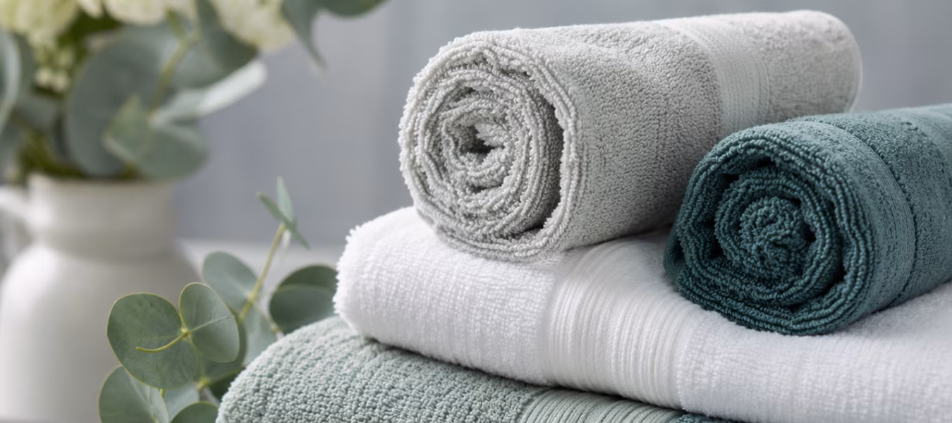 Close-up of premium white hospitality towels arranged in a luxury South African hotel and spa setting.
