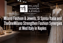 Milano Fashion & Jewels, Si Sposa Italia and TheOneMilano Strengthen Fashion Synergies at Med Italy in Naples Milano Fashion & Jewels news header featuring an elegant fashion trade show scene with jewelry, bridalwear, eveningwear, and outerwear displays, highlighting fashion synergies at Med Italy in Naples.