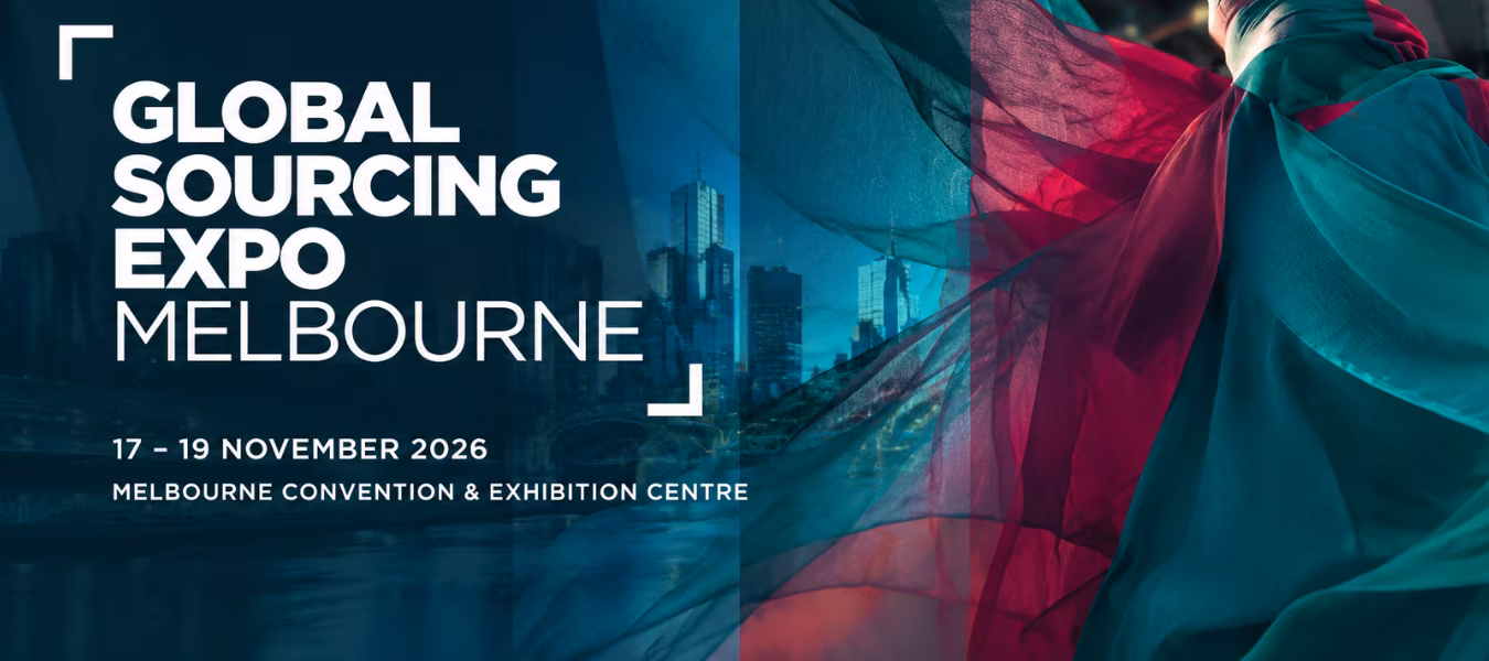 Global Sourcing Expo Melbourne 2026 header image featuring flowing fashion textiles, Melbourne skyline, event dates, and Melbourne Convention and Exhibition Centre venue details.