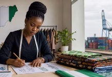 Nigeria Textile Import Ban Proposal Raises Concerns Over ₦10 Trillion Garment Industry News header showing a Nigerian fashion designer working with patterned fabrics beside a port view, representing concerns over Nigeria’s proposed textile import ban and its impact on the garment industry.