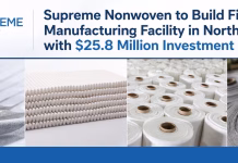 Supreme Nonwoven to Build First U.S. Manufacturing Facility in North Carolina with $25.8 Million Investment Four nonwoven material images arranged horizontally with Supreme Group logo, illustrating Supreme Nonwoven’s planned first U.S. manufacturing facility in North Carolina with a $25.8 million investment.