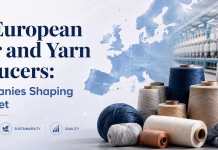 Top European Fiber and Yarn Producers: 12 Companies Shaping the Market Top European fiber and yarn producers with textile yarn cones, fibers, a map of Europe and a modern spinning factor