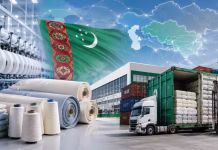 Turkmenistan Exports 80% of Its Textile Production as Manufacturing Capacity Continues to Grow Turkmenistan textile production and export scene featuring yarn, finished fabrics, a modern textile factory, shipping containers, and international trade logistics.